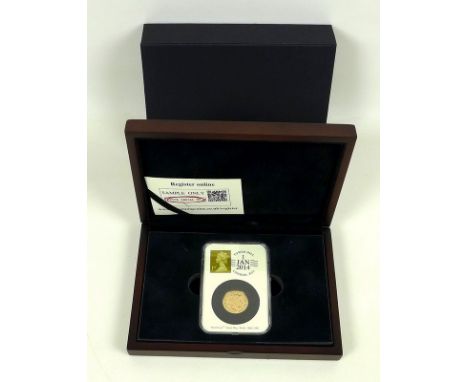 An Elizabeth II 2014 gold sovereign, DateStamp edition with first class stamp, in wooden presentation box with plastic protec