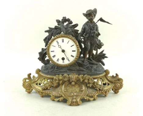 A French late 19th century figural spelter and gilt metal mantel clock, modelled as a boy with a pennant flag, white enamel d