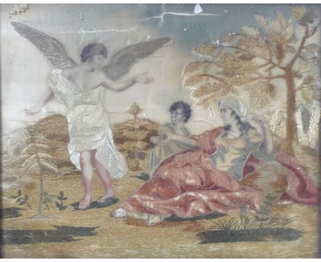 An 18th century embroidered and painted silk panel, depicting a classical goddess wearing a red cloak and silvered head dress