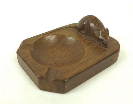 An early Robert 'Mouseman' Thompson of Kilburn, carved oak ashtray, the mouse signature with whiskers, 10 by 7.7 by 4cm.