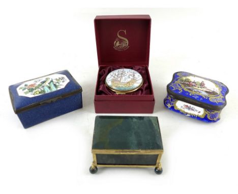 A collection of four trinket boxes, comprising one Georgian enamel patch or trinket box, royal blue ground, the lid with rese