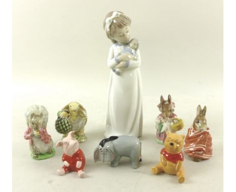 A collection of ceramic figurines, including Nao model of Girl with Doll, 25cm, Beswick Beatrix Potter figurines, Mrs Rabbit 