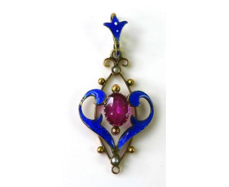 A Victorian 9ct gold Art Nouveau pendant with cerulean enamel detailing, set with an oval pink stone to the centre, 2.5g.