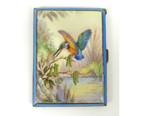 A silver cigarette case, the lid enamelled and painted with a kingfisher landing on a catkins branch, river scene to the back