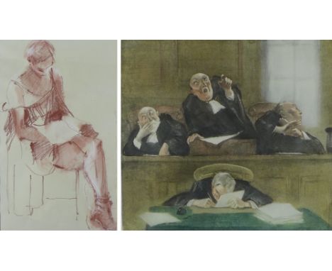 A red chalk sketch of a scantily clad lady, 24 by 39.5cm, framed and glazed, 37 by 55cm, together with a French caricature pr