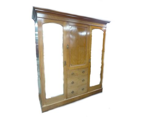 A Maple and Co, London, mahogany and inlaid compactum wardrobe, in three sections, with two full length mirrored doors, centr