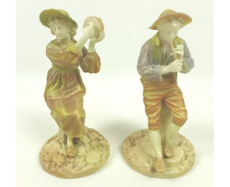 A pair of Royal Worcester porcelain figurines, circa 1898, modelled as the boy piper Strephon and companion, she playing a ta