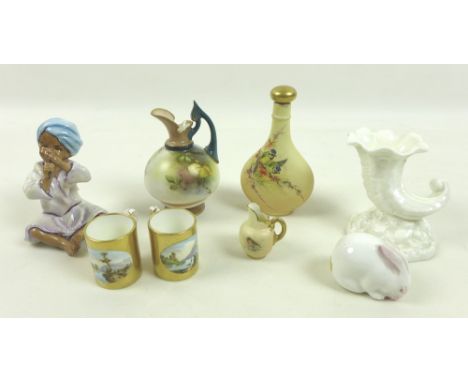 A group of Royal Worcester miniature items, comprising white rabbit, 4.5cm long, ivory blush jug with painted robin, 4cm, ivo