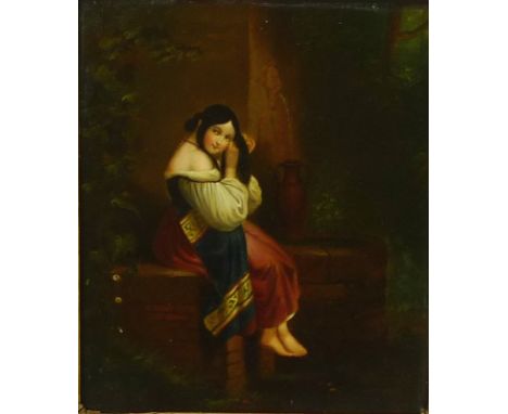Continental School (19th century): a young lady sitting on a wall in a garden, plaiting her black hair, wearing a red and blu