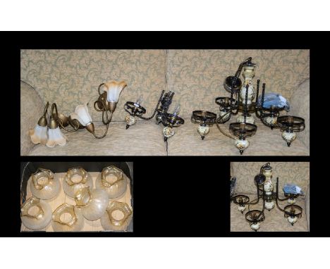 Continental Style 5 Branch Light in metal with ceramic trims, with matching wall light and six glass shades.  Ceramic details