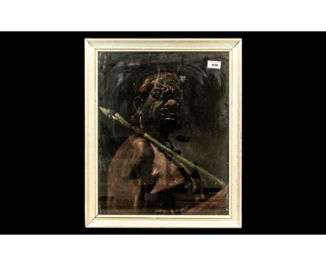 An Unusual Antique Painting of an Australian Aboriginal Man holding a spear.  Head and shoulders portrait, painted in red och