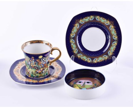   Konvolut Rosenthal  Dekor Björn Wiinblad, 4-tlg., 1 Tasse, 2 Untertassen, 1 Schale, farbig und goldstaffiert, , gemarkt    