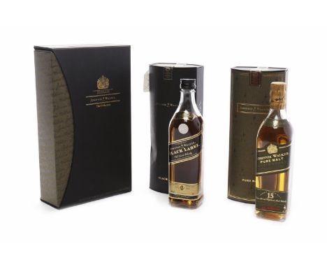 JOHNNIE WALKER BLACK LABEL
Blended Scotch Whisky. 
20cl, 43% volume, in tube. 
JOHNNIE WALKER GREEN LABEL PURE MALT AGED 15 Y