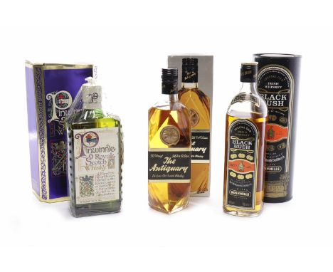 PINWINNIE ROYALE
Blended Scotch Whisky.
26 2/3 fl.oz, 70° proof. In cellophane wrap, felt pouch and carton. 
BUSHMILLS BLACK 