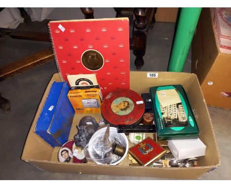 A box of miscellaneous including arrow head, coin tins, Royal Copenhagen dog ( chip to the ear) etc