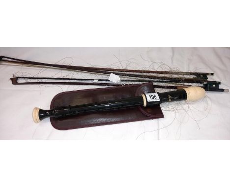 A Gebr hug violin bow and 2 unnamed and a Au105 recorder with case