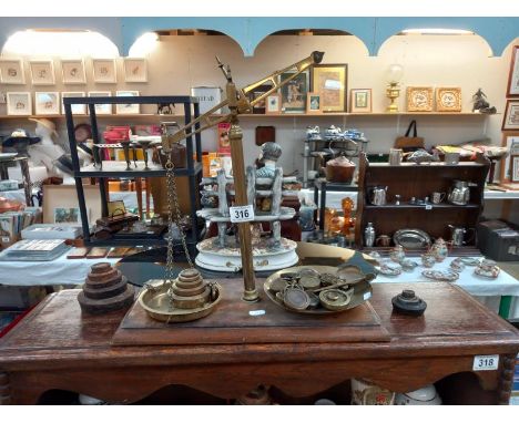 A set of Victorian balance scales, incomplete &amp; a quantity of brass &amp; cast iron weights
