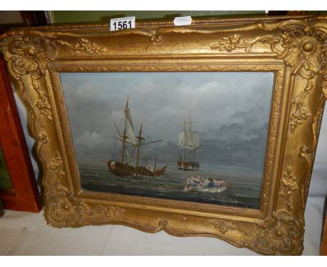 A gilt framed Victorian oil on canvas seascape with galleons and lifeboat, COLLECT ONLY.