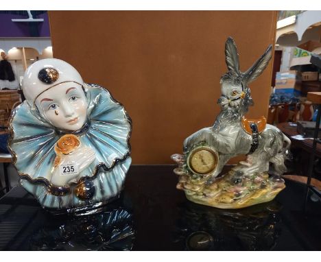 A large china bust of Pierot the clown &amp; a ceramic donkey with clock feature COLLECT ONLY