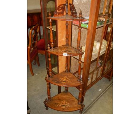 A Victorian mahogany inlaid corner four shelf what not. COLLECT ONLY.