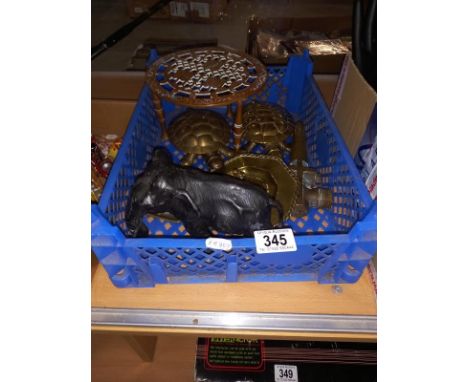 A spelter elephant (trunk A/F) &amp; a quantity of brass including tortoise trinket pots etc.