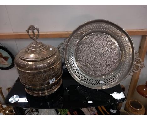 An inlaid metal tray and large inlaid metal jar with lid.