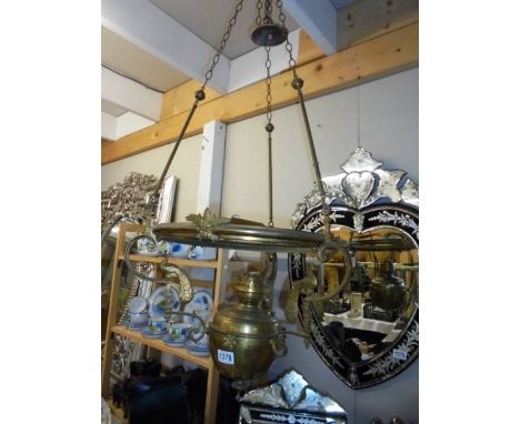 A brass hanging oil lamp (no shade or chimney),&nbsp;A brass hanging oil lamp (no shade or chimney), COLLECT ONLY.