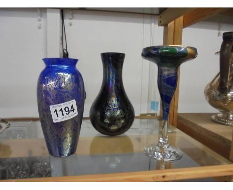 A Royal Brierley blue glass vase, another blue glass vase (small chip to rim) and one other glass item.