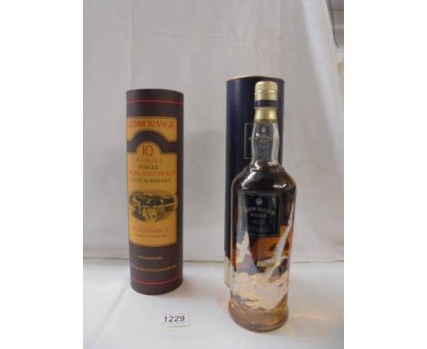 A bottle of Glenmorangie and a bottle of Bowmore Surf single malt Scotch whisky. 
