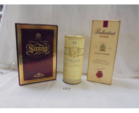 A bottle of Balantine's Finest, a bottle of Johnny Walker Swing and a Bottle of Wallace single malt Scotch whisky. 