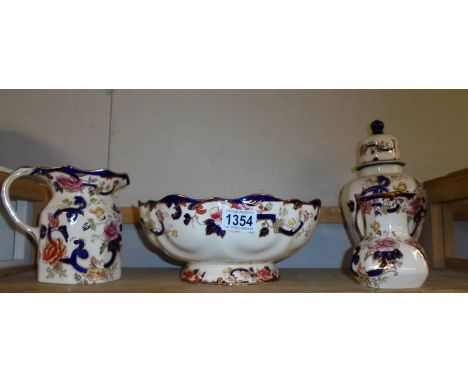 A Mason's fruit bowl, lidded jar and two jugs.