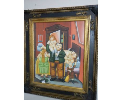 A framed print in the style of Beryl Cook, 85 x 74 cm.