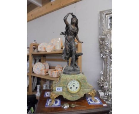 A French marble and ormolu mantel clock surmounted female figure, a/f. COLLECT ONLY.