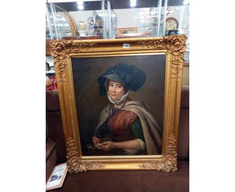 Attributed to Henry Moorland a portrait on canvas entitled The Oyster Girl, a COLLECT ONLY.Frame size 82cm x 94cm, visible im