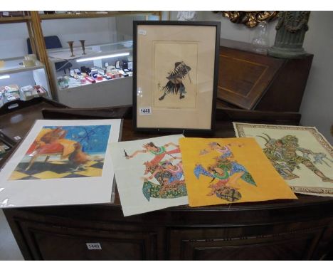 A limited edition print entitled 'Pecking Order' by S Cavani, 1/50, a framed and glazed Samoroi study and 3 other pictures.