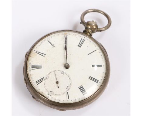 Silver open face pocket watch, with a white enamel dial