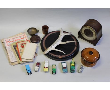Mixed objects, to include toy cars, a clock stand an Alaskan antler cribbage board, an oak cased mantel clock, maps, etc, (qt