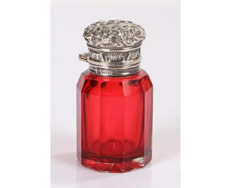 Edward VII silver mounted bottle, Birmingham 1903, maker C C May & Sons (Charles May), the foliate and scroll hinged cover op