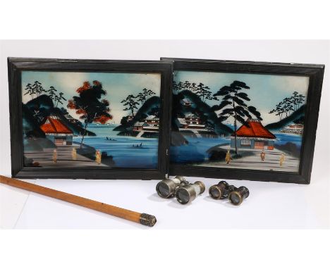 Two pairs of binoculars, a pair of Chinese pictures and a silver capped walking stick, AF