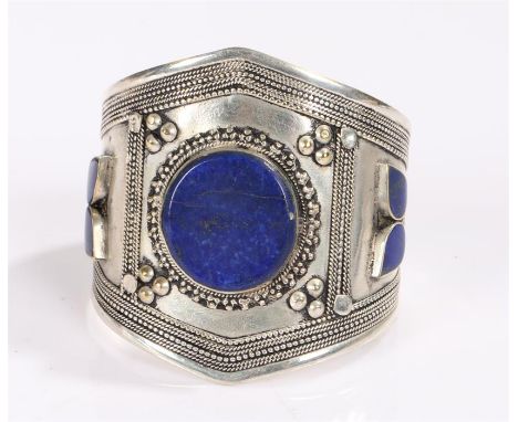 Lapis lazuli set silver bangle, wide proportions 