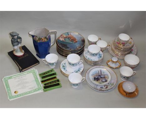 Collectors plates with certificates, Royal Tron bone china part tea service, Queen Anne bone china part tea service, Puss in 