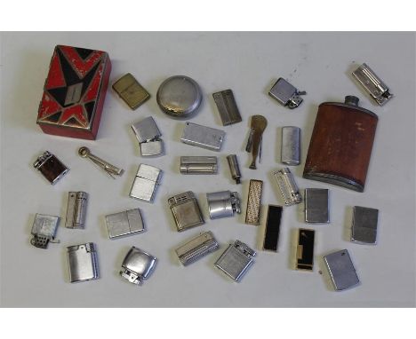 Collection of lighters, various makers, also together with a hip flask, tobacco box and pipe cleaning tools (qty)