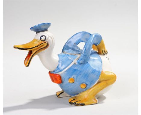 Wadeheath Donald Duck Walt Disney novelty teapot, with an open beak and arched arms, factory marks to the base, 15cm long