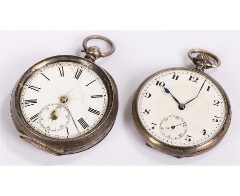 Two silver open face pocket watches, both with white enamel dials, (2)
