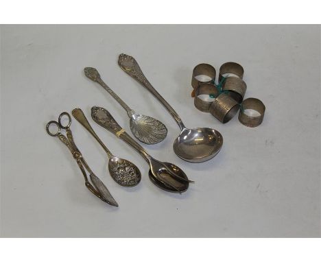Serving spoon, meat fork and ladle stamped 800 to the reverse if the handles, plated tongs, plated berry spoon, serving spoon