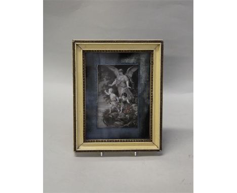 Victorian painted glass panel, of a an angle above two children, 9cm x 15cm