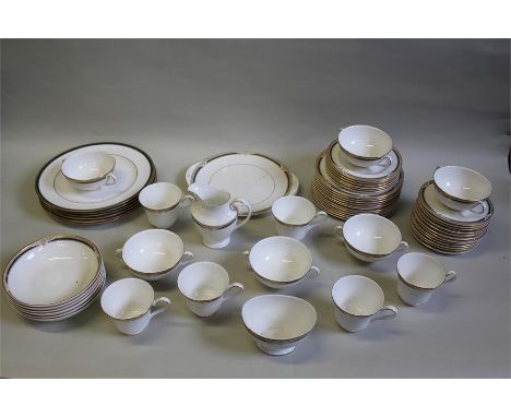 Royal Doulton Forsyth porcelain part service, to include six bowls, six twin handled bowls, eleven saucers, six cups, five si