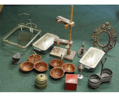 Works of art, to include a easel frame, barrel, clamp, chamber stick, silver plated stand, cigarette dispenser, entrée dishes