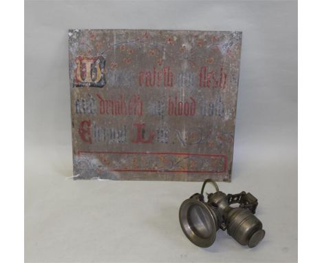 Powel & Hanmer bicycle lamp, together with a tin sign with script, (2)