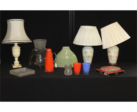 Mixed objects, to include contemporary lamps, a marble effect lamp, contemporary glass vase, Paloma Picasso glass plate, jug 